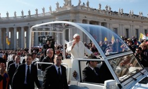 Pope Benedict XVI greets pilgrims in St. Peter's Square at the Vatican