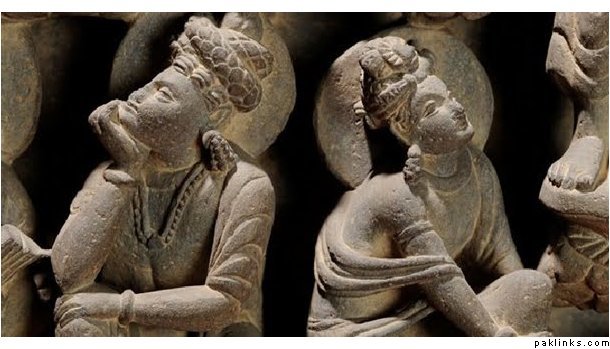 Carved stone panels depicting life-story of Buddha, are displayed in Taxila Museum