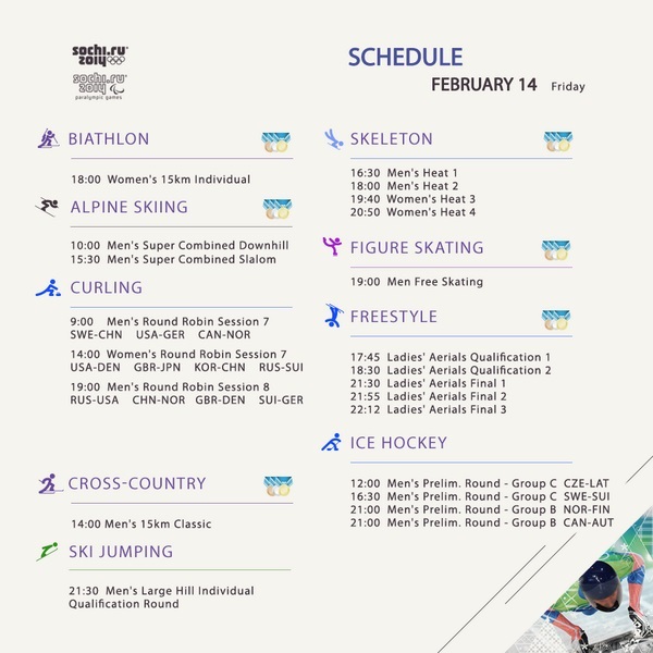 Sochi 2014 Winter Olympic Games schedule for February 14