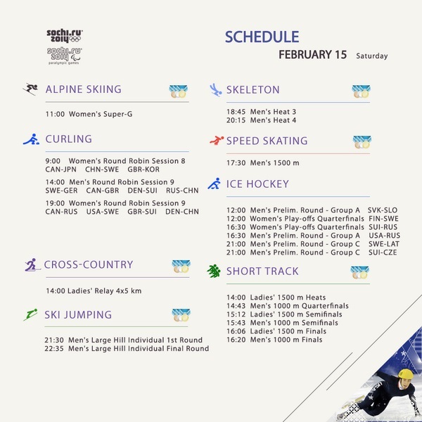 Sochi 2014 Winter Olympic Games schedule for February 15