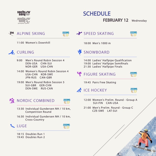 Sochi 2014 Winter Olympic Games schedule for February 12