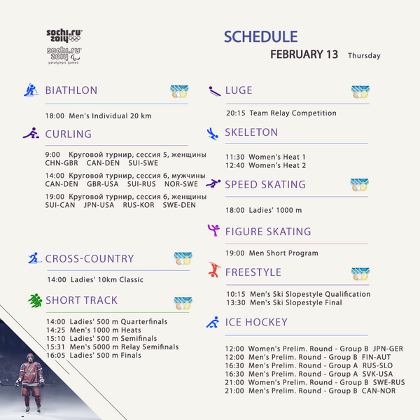 The Sochi 2014 Winter Olympics schedule for Thursday (local time)