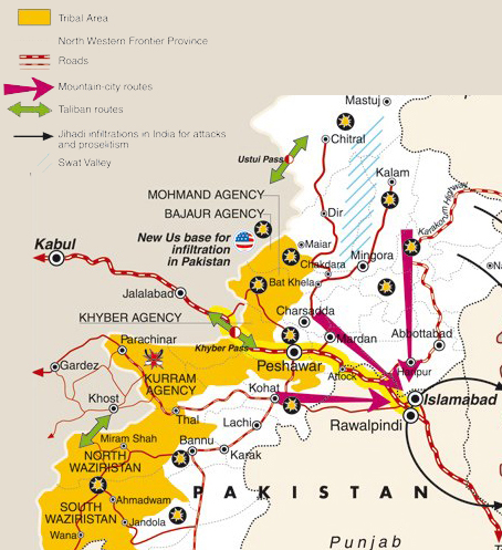 Map of possible routes of attacking Islamabad by Taliban