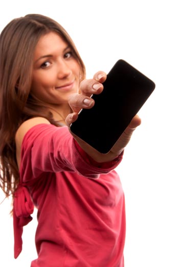 Woman Showing display of touch mobile cell phone