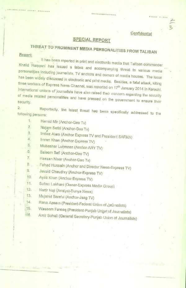 Threat to Hamid Mir, 15 others from Taliban issued by Punjab Home Deptt on January 28, 2014