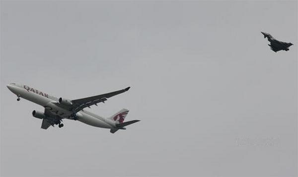 Qatar Airways Flight A330 escorted into Manchester Airport by RAF after Pilot raised alert