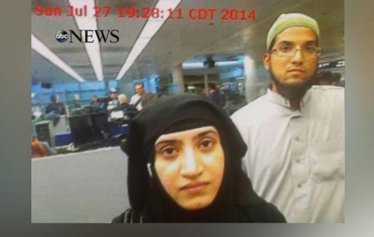 The photo obtained by ABC News shows Tashfeen Malik and Syed Rizwan Farook going through customs at Chicago's O'Hare Airport in 2014.
