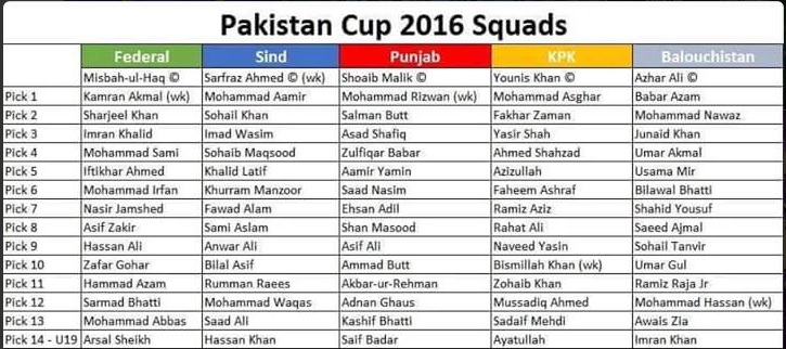 Pakistan Cup 2016 squads