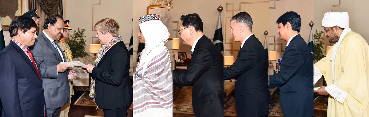 ENVOYS-DESIGNATE OF SWEDEN, SOMALIA, REPUBLIC OF KOREA (SOUTH KOREA), AZERBAIJAN, BANGLADESH AND SUDAN PRESENTING THEIR CREDENTIALS TO PRESIDENT MAMNOON HUSSAIN IN A SPECIAL CEREMONY HELD AT THE AIWAN-E-SADR, ISLAMABAD ON JULY 14, 2016.