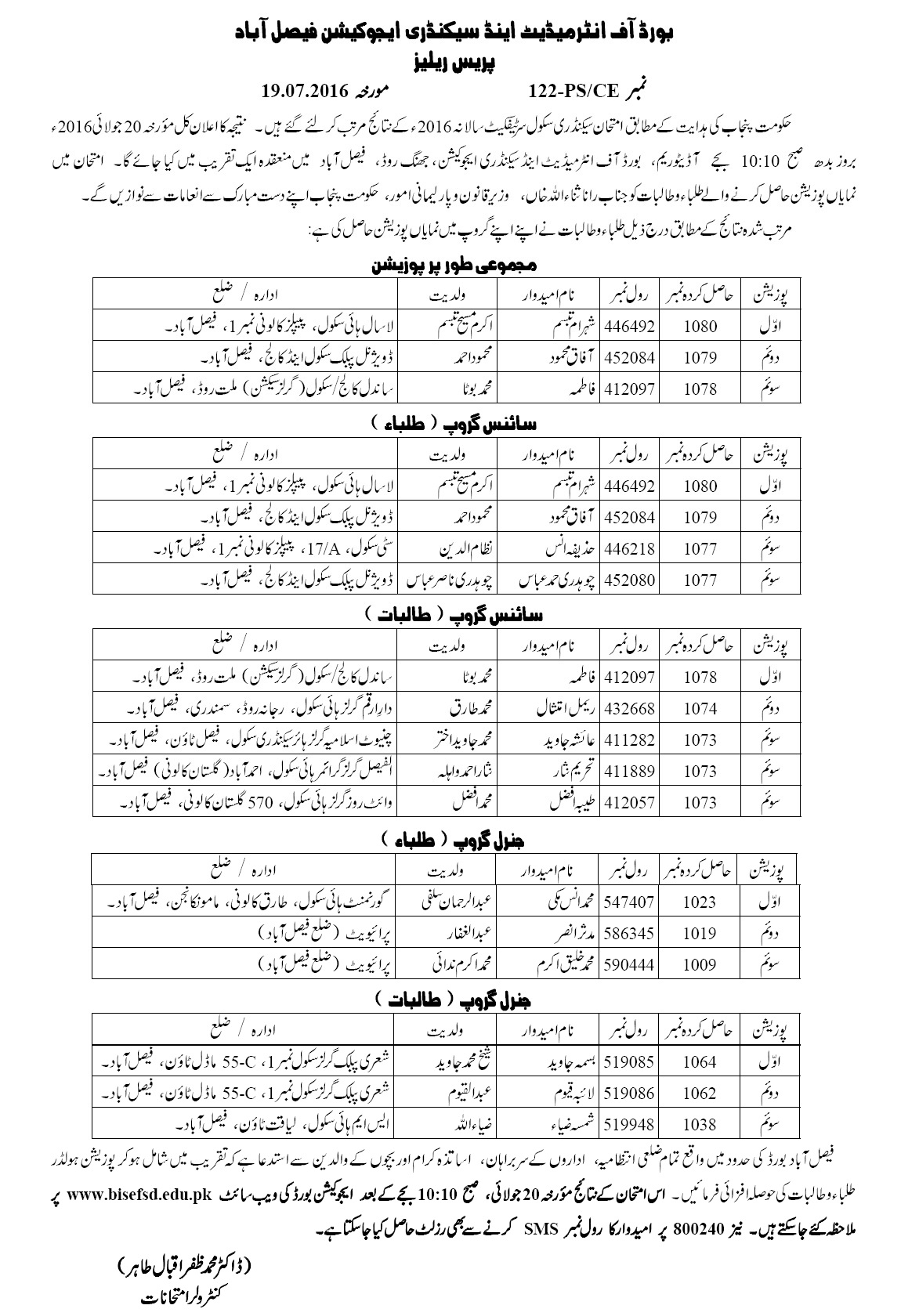 Faislaabad BISE SSC annual matriculation examinations 2016 top position holders