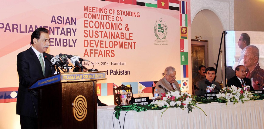 SPEAKER NATIONAL ASSEMBLY SARDAR AYAZ SADIQ ADDRESSING DURING THE INAUGURAL CEREMONY OF ASIAN PARLIAMENTARY ASSEMBLY AT ISLAMABAD ON JULY 26, 2016.