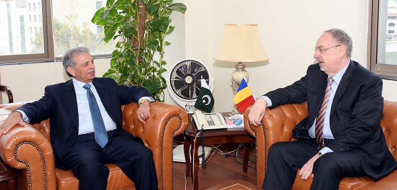 H.E. MR. NICOLAE GOLA, AMBASSADOR OF ROMANIA CALLED ON RANA TANVEER HUSSAIN FEDERAL MINISTER FOR DEFENCE PRODUCTION IN ISLAMABAD ON JANUARY 05, 2017.