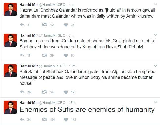 Hamid Mir tweets on Lal Shahbaz Qalandar Sharine blast